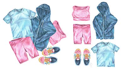 Top view Sports Wear set. Watercolor illustration of fitness clothes. Hand drawn sportswear on isolated background
