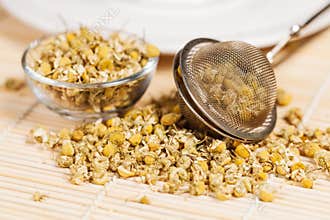 Dry chamomile with tea strainer and glass dish
