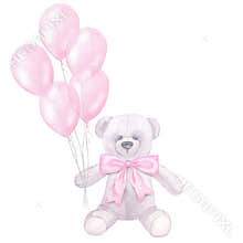 Watercolor postcard pink balloons and teddy bear, bow. Girl's birthday. Hand drawn illustration isolated white