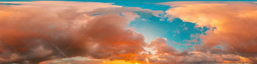 Dramatic sunset sky panorama with bright glowing red pink Cumulus clouds. HDR 360 seamless spherical panorama. Sky dome