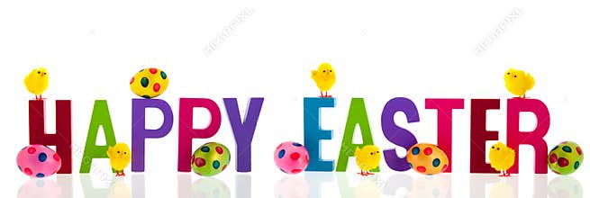 Happy easter with eggs and chicks