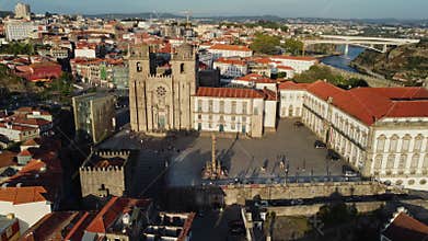 The Old City Of Porto In Portugal, Europe, 4K Aerial Skyline Drone View, Sunset. 20 august 2023
