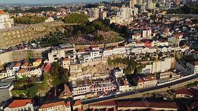The Old City Of Porto In Portugal, Europe, 4K Aerial Skyline Drone View, Sunset. 20 august 2023