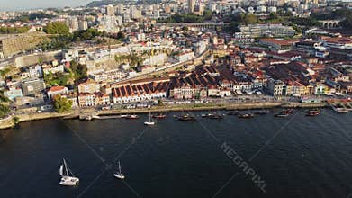 The Old City Of Porto In Portugal, Europe, 4K Aerial Skyline Drone View, Sunset. 20 august 2023