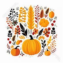Composition of pumpkins and autumn leaves. Autumn clipart