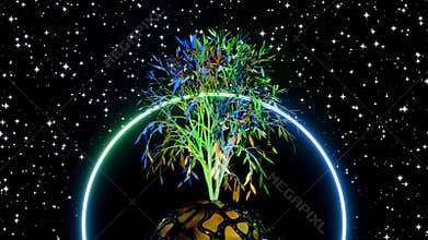 Abstract Tree of Life with roots on earth planet. Place for logo. Template. Seamless loop animation for movie, stage