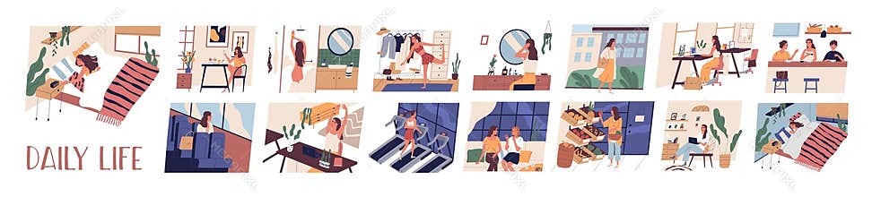 Daily life, work day routine set. Everyday lifestyle from morning till evening. Woman waking, training, lunch in office