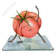 Hand drawn watercolor cute tomato character doing yoga stretching asana practice. Fitness health. Illustration isolated