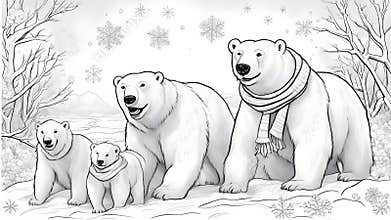 polar bear on ice black and white, a coloring book page, A polar bear with fur and cub