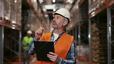 Handsome Caucasian Male Auditor Wearing Hard Hat Looking around Warehouse and Writing Down Information. Rows of Storage