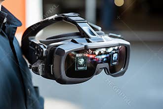 Augment reality headset with futuristic light on table. Generative AI