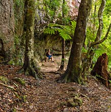 A woman hiker sitting on a bench framed by the forest