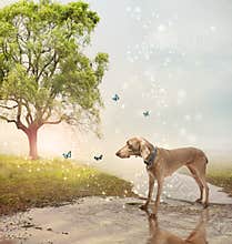 Dog and butterfies at a magical brook