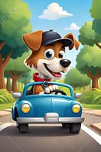 Cute happy dog riding car having fun