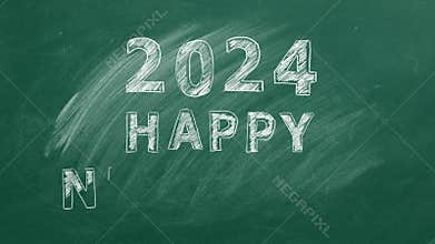HAPPY NEW YEAR 2024 written in chalk on a greenboard