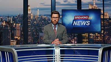Anchor reporting breaking news at studio. Man journalist telling live reportage