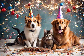 A heartwarming scene capturing the camaraderie of a happy dog and cat celebrating New Year\'s Eve together.