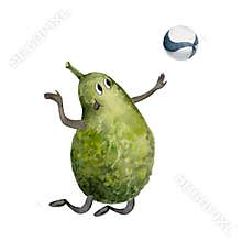 Hand drawn watercolor cute avocado character playing volleyball block serve practice. Fitness health. Illustration