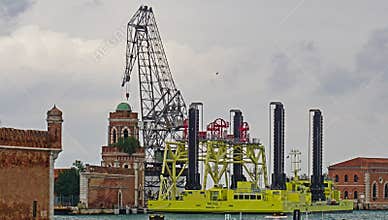 The MOSE I floating platform services the flood control system of the lagoon for Venice, Italy.