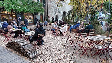 Bergamo, Italy. The old town. The restaurants and bars during the Christmas time. Christmas decorations