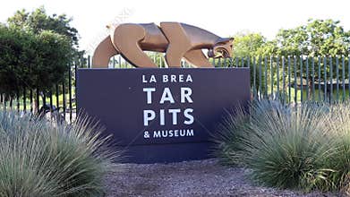 Signage of The La Brea Tar Pits and museum entrance between plants and trees around