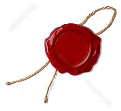 Red wax seal or stamp with rope or thread isolated