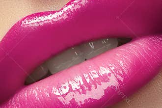 Glamour fashion bright pink lips glossy make-up