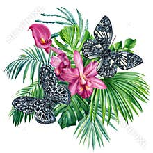 Orchid Flowers, calla, tropical leaves and butterfly. Watercolor floral illustration isolated white background