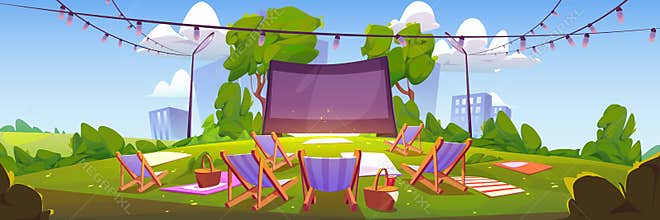 Outdoor cinema at summer city park landscape view