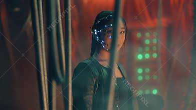 Cyberpunk girl with headset looks angrily rods hanging to prevent from escaping