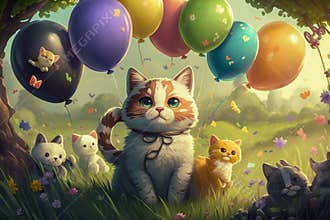 painting of cat surrounded by kittens and balloons. Generative AI