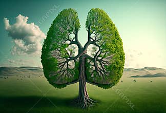 Tree in the shape of a set of lungs. Fresh clean air concept. Generative ai