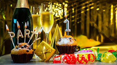Happy birthday background with champagne glasses with number cake 1. Beautiful birthday card with decorations copy space