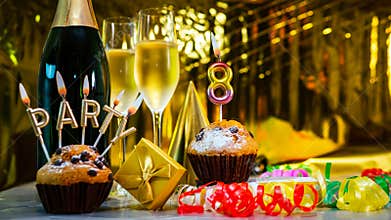 Happy birthday background with champagne glasses with number cake 8. Beautiful birthday card with decorations copy space
