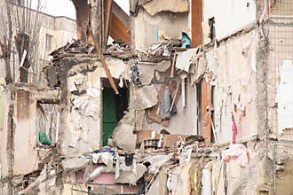 A house blown up by a Russian rocket in the city of Dnipro on Pobeda Street in Ukraine, War in Ukraine, a rocket attack on
