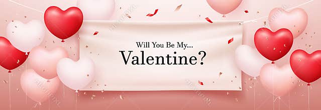 Banner Happy Valentine`s Day, White curtains stretched on strings. red and pink, white balloon heart with ribbon design