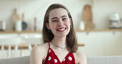 Head shot portrait beautiful young 20s happy woman