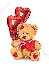 Cute teddy bear and red heart balloons. Illustration