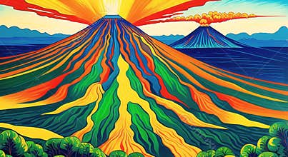 Volcanic eruption smoke landscape digital painting illustation. Ai generated for childrens books
