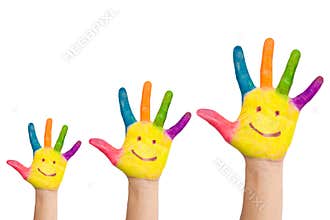 Three colorful hands with smile of family
