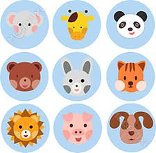Cartoon animal, bird round stickers, avatars. Flat style vector illustrations clipart collection of cute animals