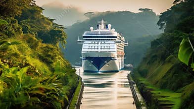 A Cruise Ship Passing Through The Panama Canal On Either Side Tropical Vegetation. Generative AI