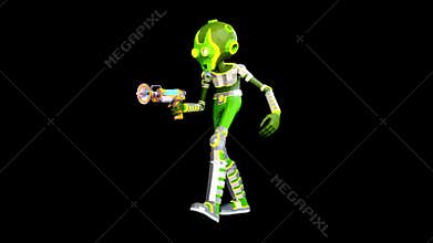 3D green alien with blaster walking