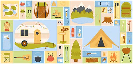Camp set for summer outdoor adventure vector illustration
