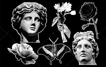 Halftone collage design elements in trendy magazine style. Statue, rose, flower, butterfly. Vector illustration with