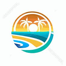 Vibrant Sun palm trees Beach logo vector illustration
