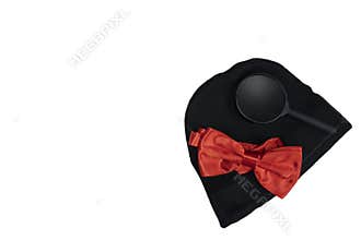 Black hat, magnifying glass, and red bow tie