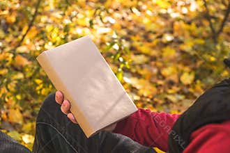 A man holds book with an empty space in the autumn nature. Book copy space. The concept of reading books in nature. Free