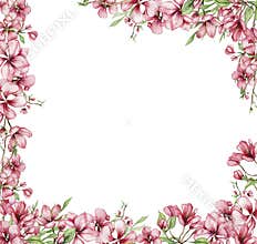 Watercolor square spring garden full of flowers frame in cartoon style with a flower fairy. Cartoon hand drawn illustration with