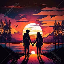 Silhouette animated couple facing sunset by sea